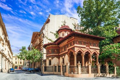 The colourful, intricate Stavropoleos Monastery Church in Bucharest Old Town