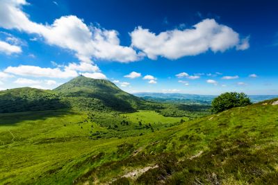 Auvergne's extinct volcanoes and green foothills, France