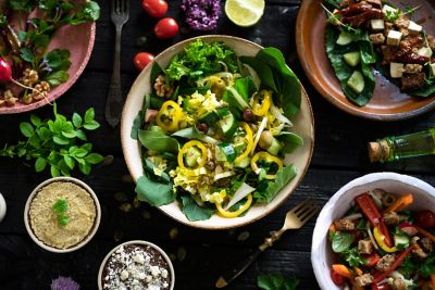 A healthy salad showcasing fresh Mediterranean ingredients