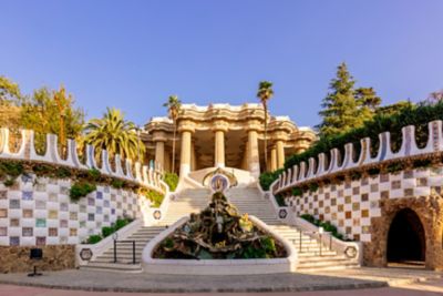 The sweeping double staircase and colonnaded folly at Gaudí's Park Güell in Barcelona