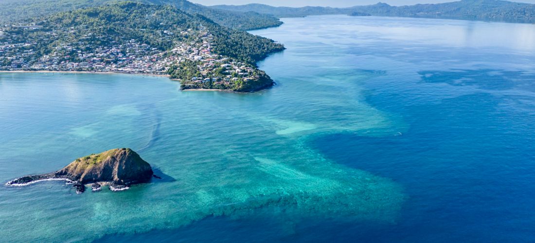 Aerial view of Mayotte's coastline and turquoise waters