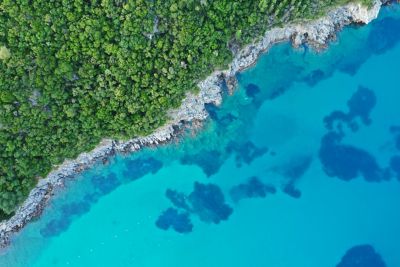 Secluded Rovinia Beach in Corfu, Greece, with forested cliffs and the sparkling blue Ionian Sea