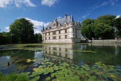 Château d’Azay-le-Rideau, construit sur une île au milieu de la rivière Indre, entouré de végétation et de nénuphars