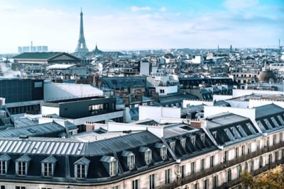 A view of the Paris skyline, with the Eiffel Tower and urban rooftops