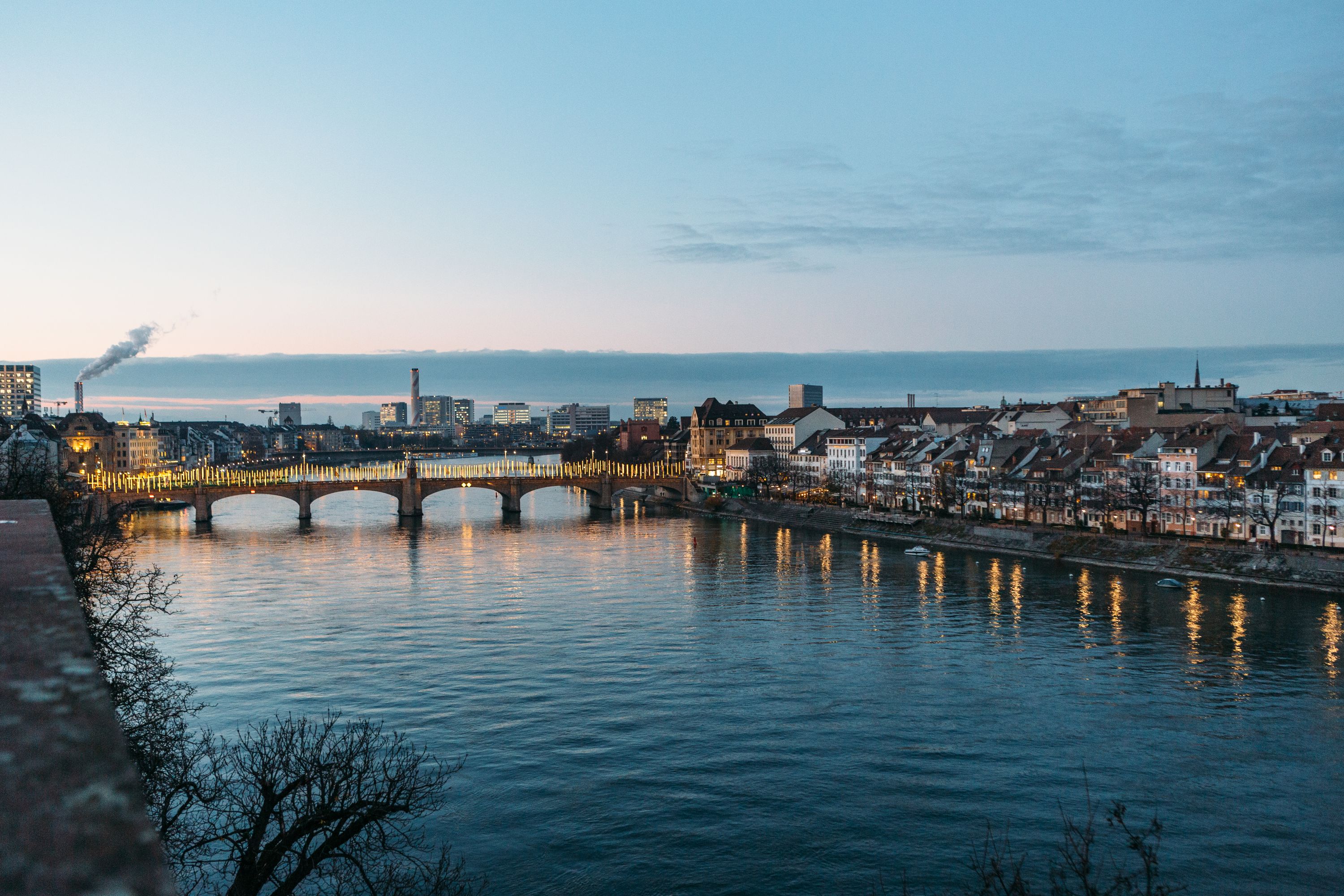 Twilight over Mittlere Brücke in Basel, Switzerland