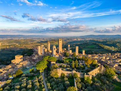 San Gimignano, famed for its medieval towers, amid Tuscany's rolling vineyards