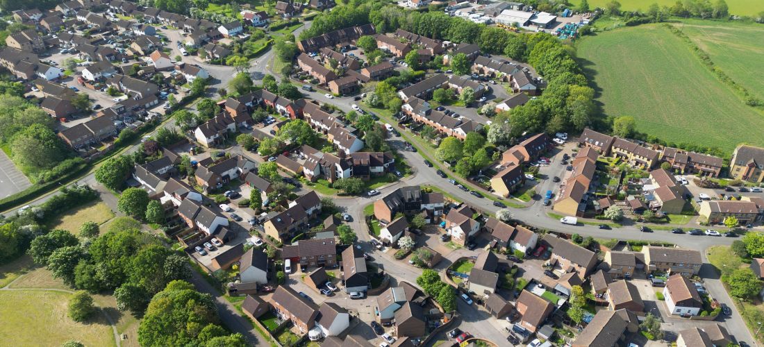 Aerial view over a peaceful residential neighbourhood