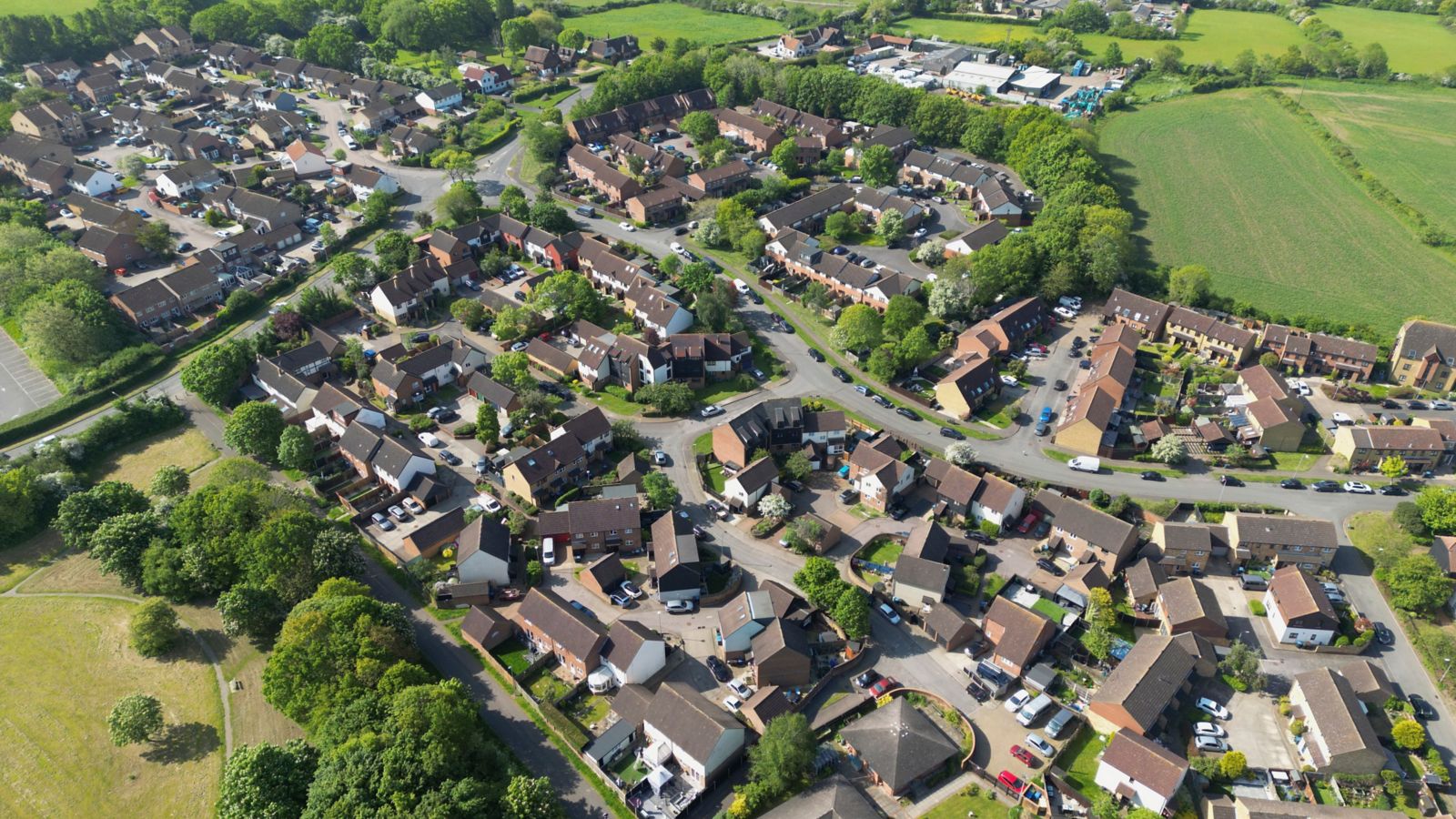 Aerial view over a peaceful residential neighbourhood