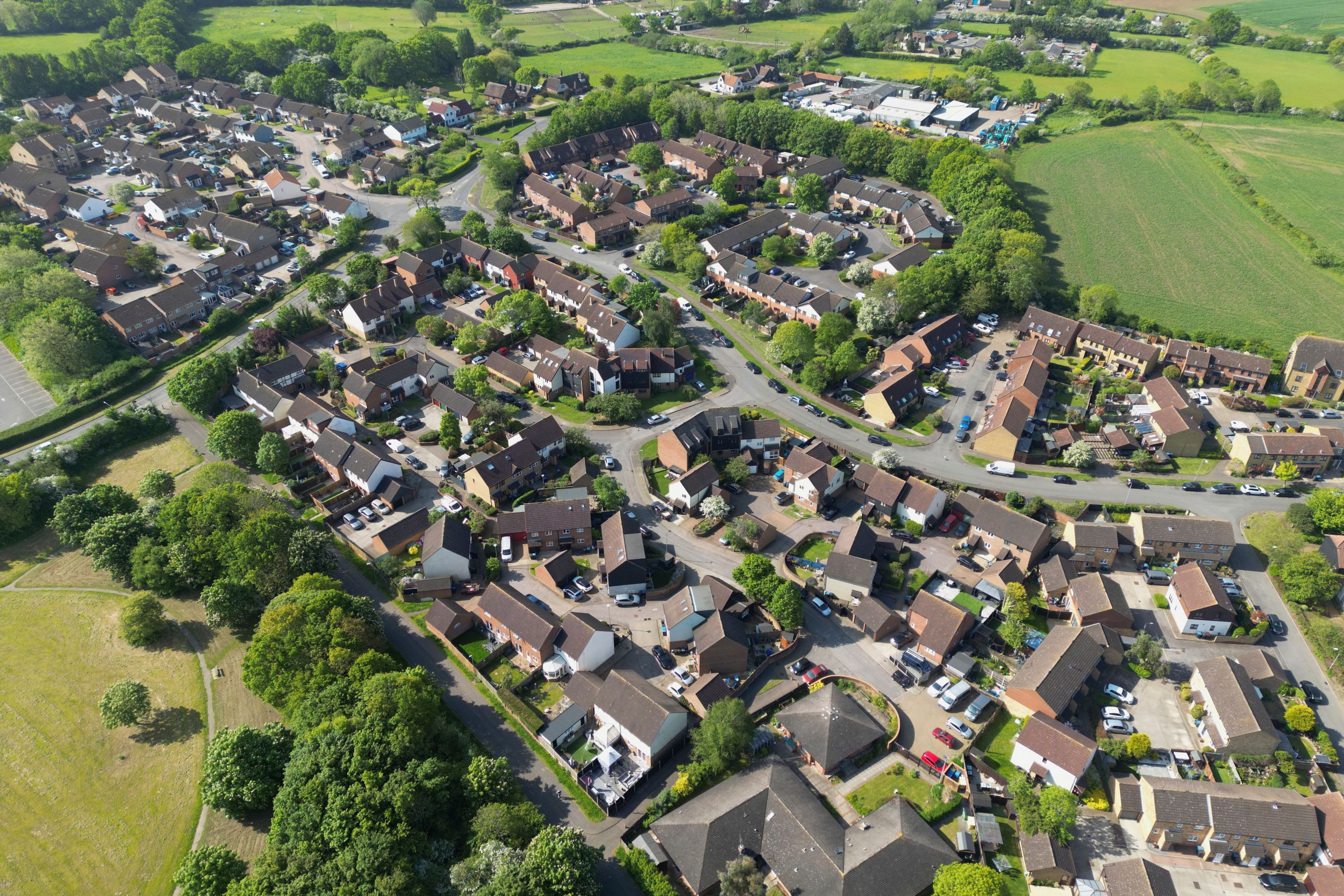 Aerial view over a peaceful residential neighbourhood