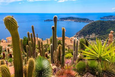 Blick aufs türkisblaue Mittelmeer aus dem Jardin Exotique des Ortes Èze an der Côte d’Azur