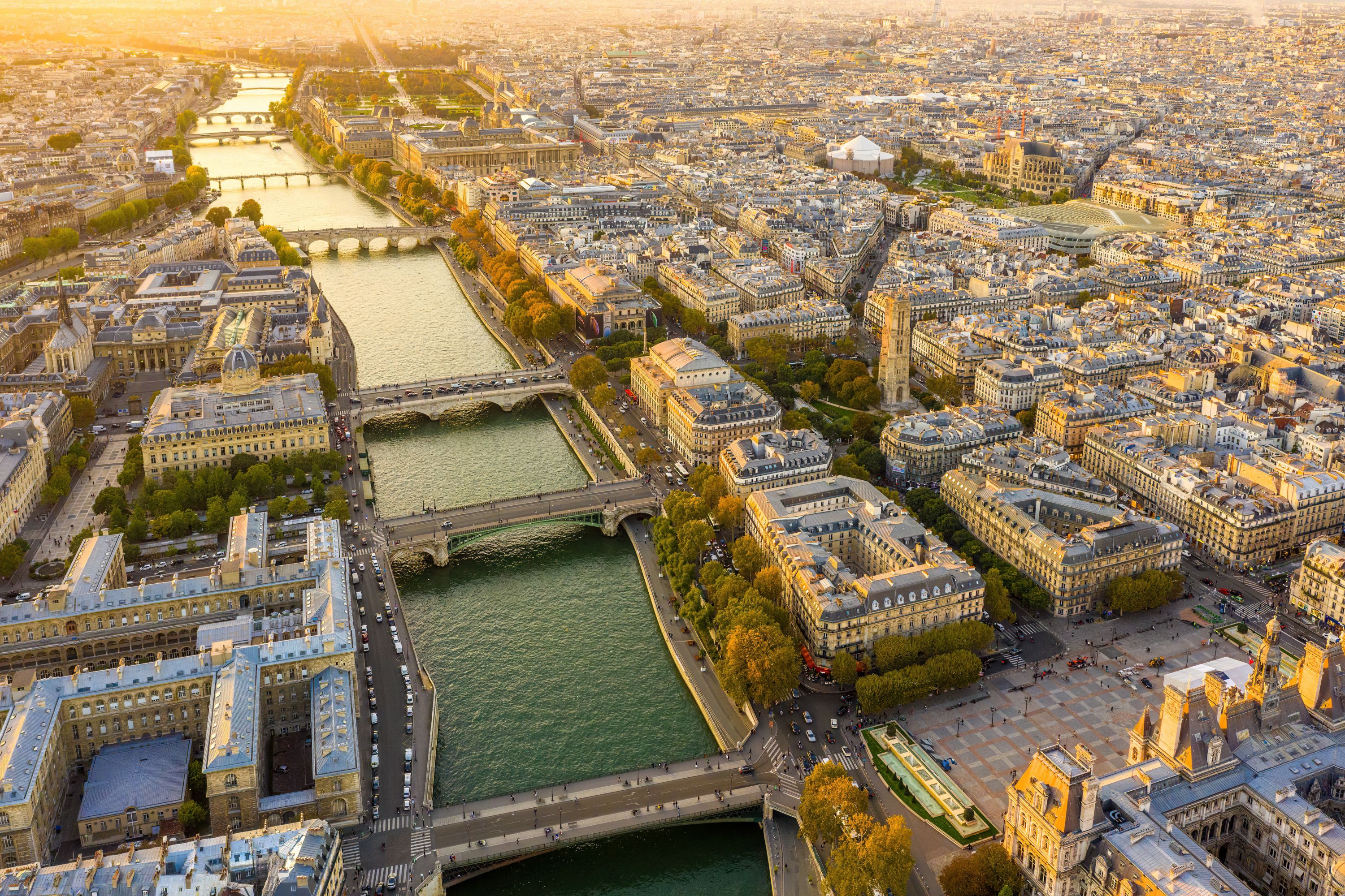 Parisian Sunset over the Seine River and Bridges