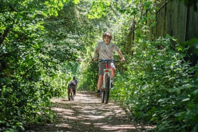 A child cycling on a tree-lined path with a black dog alongside, in England