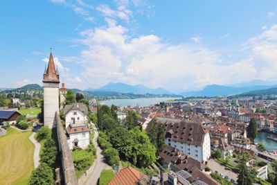 Lucerne's rooftops and the Reuss river from the Männliturm tower viewing platform