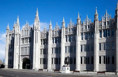 The dramatic neo-Gothic spires of Marischal College in Aberdeen, Scotland