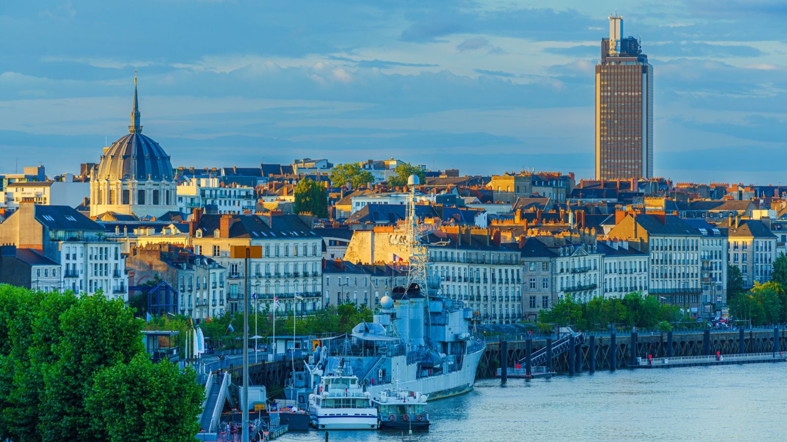 Nantes Sunset with Warship and Radisson Blu Hotel