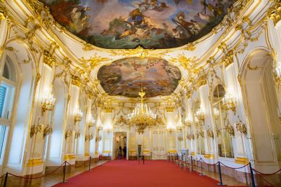 The Great Gallery at Schönbrunn Palace, with gilded framework and ceiling frescoes