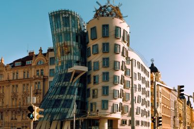 The landmark Dancing House, a leaning Gehry-designed glass tower, in Prague