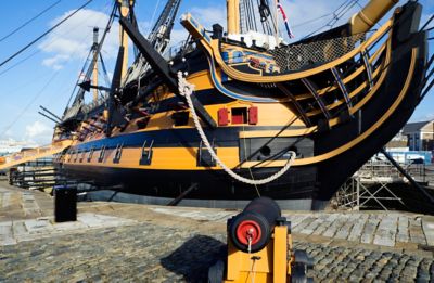 HMS Victory, Nelson’s flagship at the Battle of Trafalgar, in dry dock at Portsmouth.