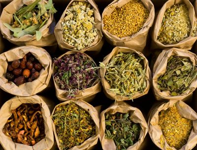 Bags of colourful dried herbs, a good-value culinary souvenir to buy in France