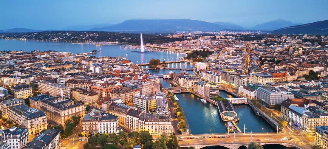 Geneva, Switzerland Skyline at Twilight on Lake Geneva
