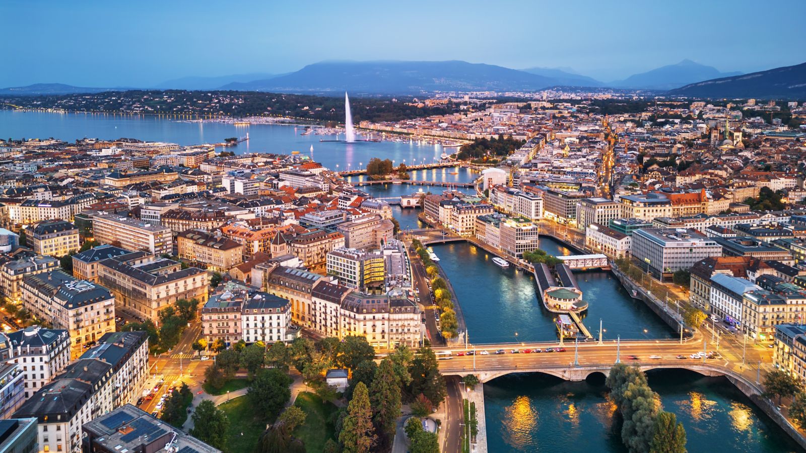 Geneva, Switzerland Skyline at Twilight on Lake Geneva