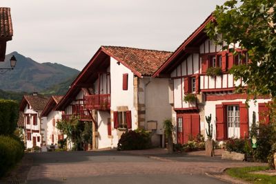 Red-and-white houses in the quiet village of Sare, French Basque Country