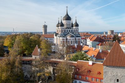 Façade décorée et dômes noirs de la cathédrale Alexandre-Nevski