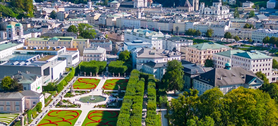 Aerial view of Mirabell Gardens and historical part of Salzburg, Austria