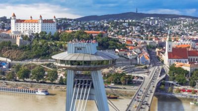 UFO Tower overlooking the Danube River and Bratislava Old Town
