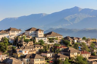 Slate-roofed Ottoman houses on a hillside in Gjirokastër, Albania