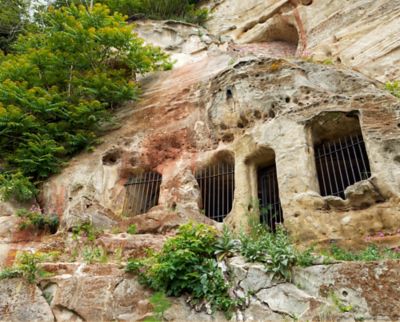 The exterior of the City of Caves, a subterranean network of sandstone caves in Nottingham 