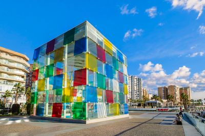 The colourful glass-cube exterior of the Centre Pompidou Málaga in Spain