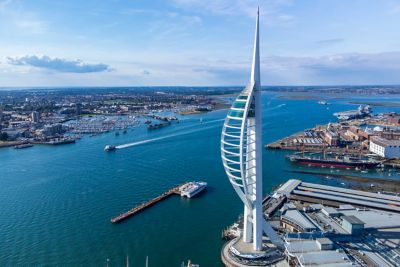 The Spinnaker Tower overlooking historic Portsmouth Harbour, England