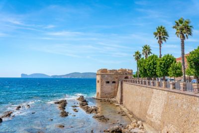 A medieval bastion on the seafront in Alghero, Sardinia