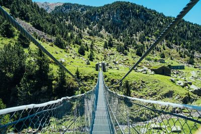 Puente colgante suspendido sobre un valle verde y montañas boscosas