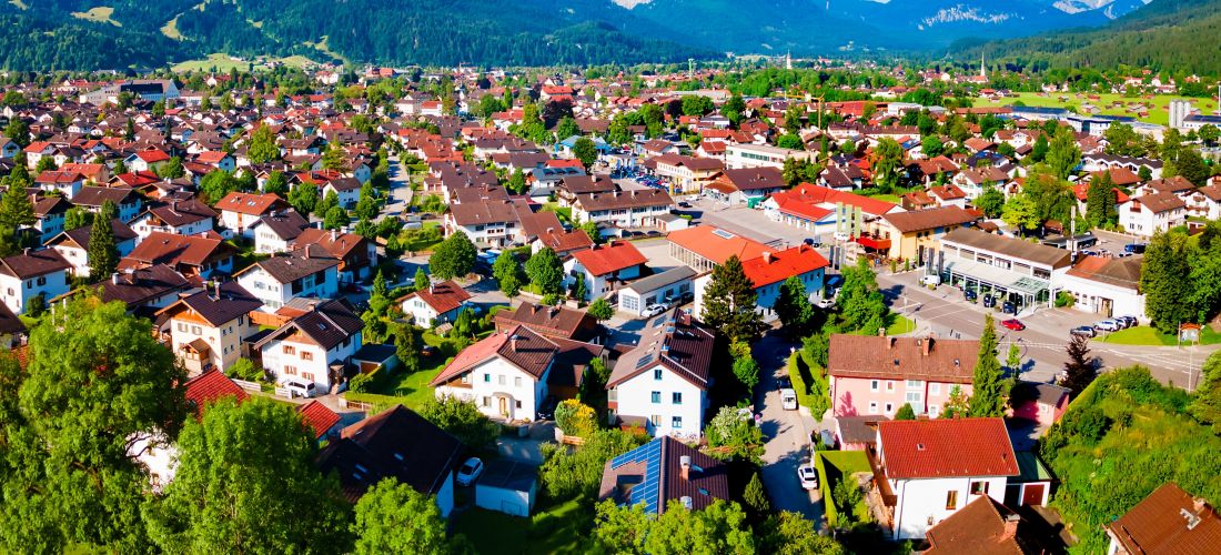 Garmisch-Partenkirchen Town and Zugspitze: Aerial View, Germany