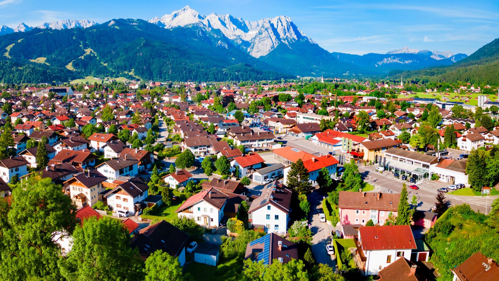 Garmisch-Partenkirchen Town and Zugspitze: Aerial View, Germany