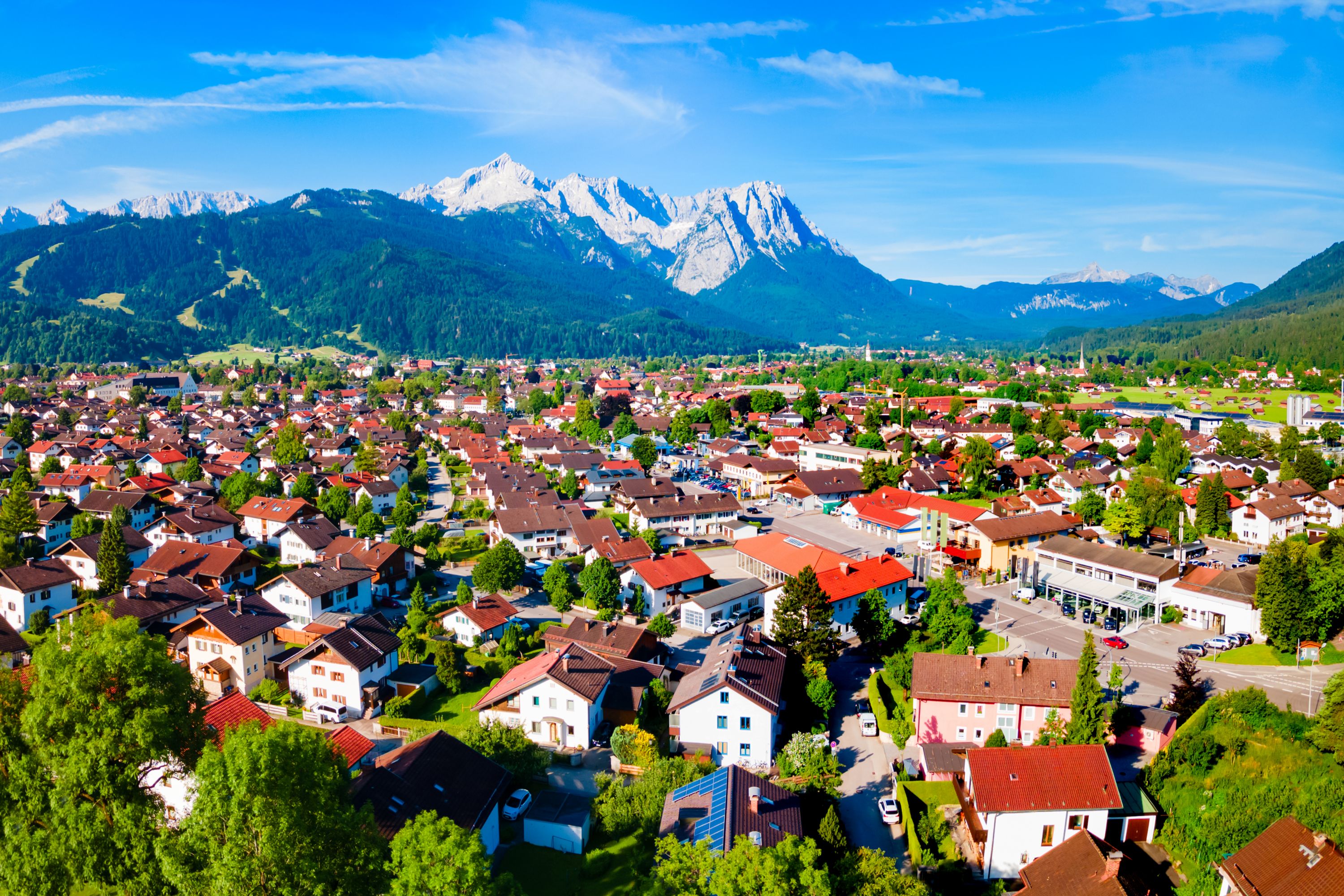Garmisch-Partenkirchen Town and Zugspitze: Aerial View, Germany