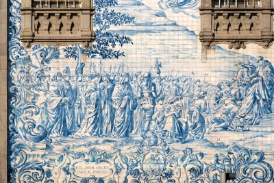Traditional blue-and-white azulejos tiles in Igreja do Carmo Church in Porto