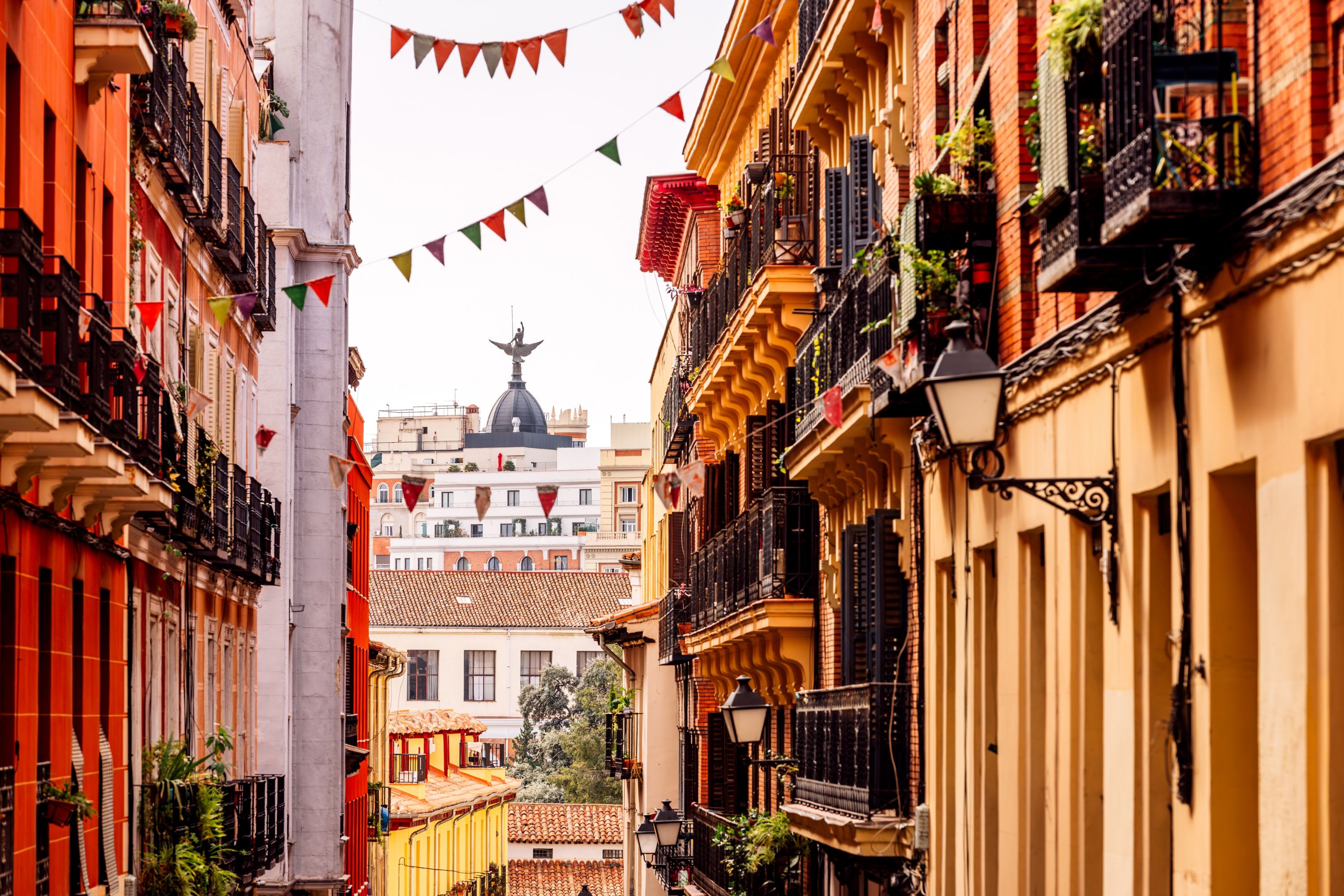 Festive streets of Madrid on a sunny day in Spain
