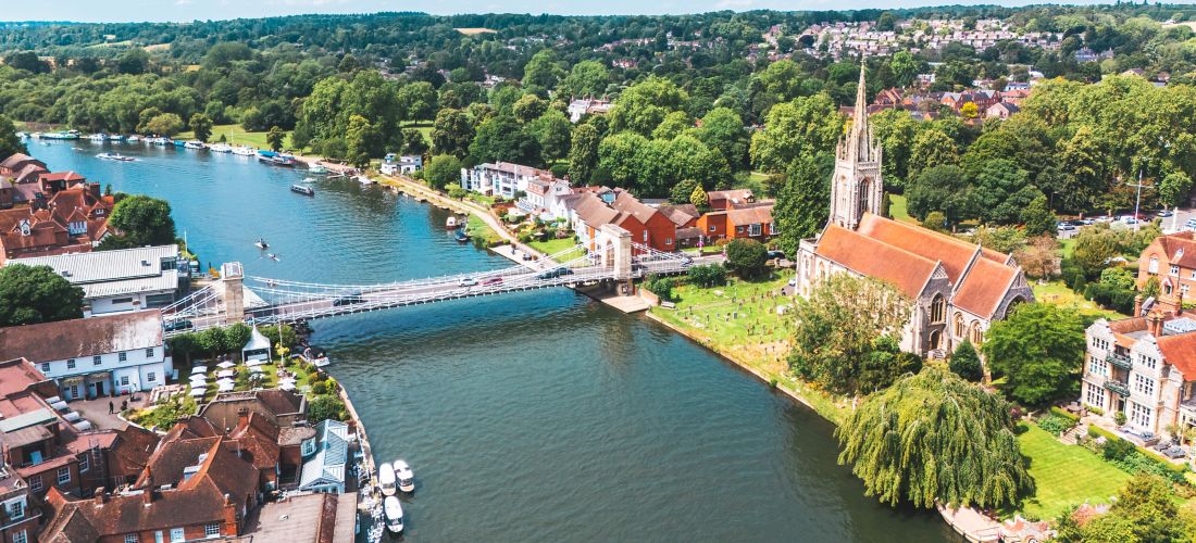 Aerial View of Marlow, Buckinghamshire with Church and Bridge
