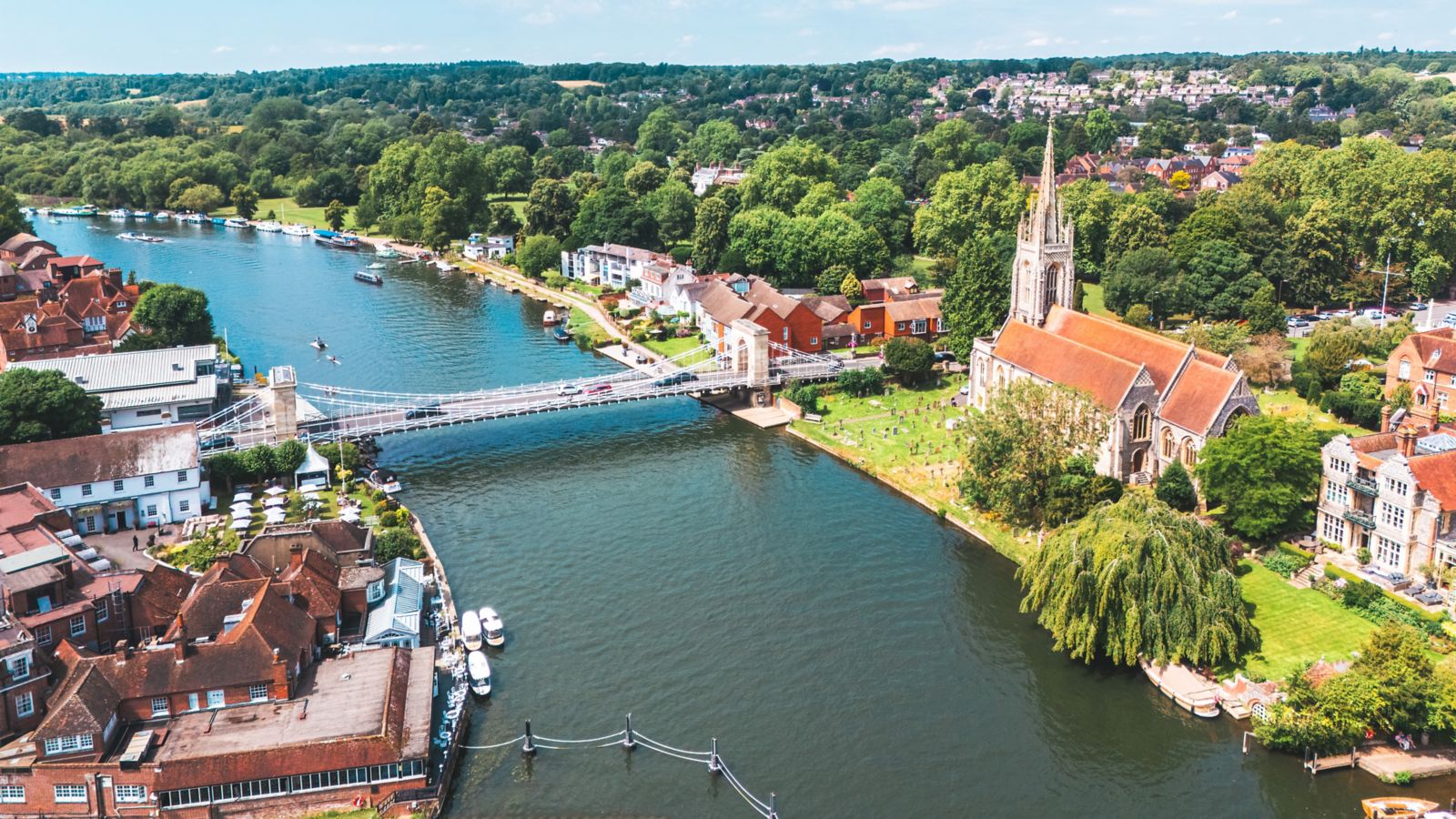 Aerial View of Marlow, Buckinghamshire with Church and Bridge