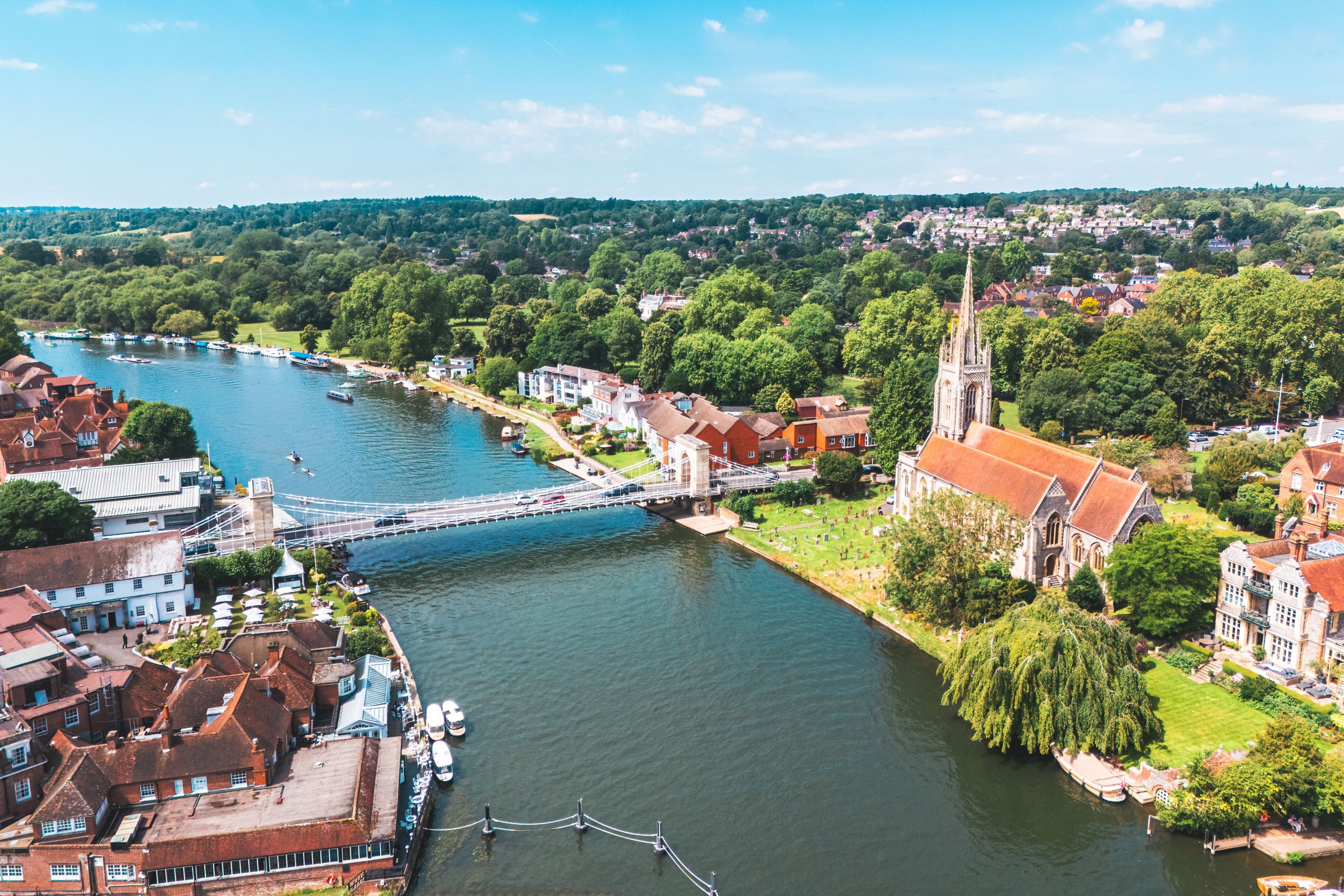 Aerial View of Marlow, Buckinghamshire with Church and Bridge