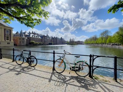 Deux vélos déposés au bord du Hofvijver, avec vue sur le Binnenhof