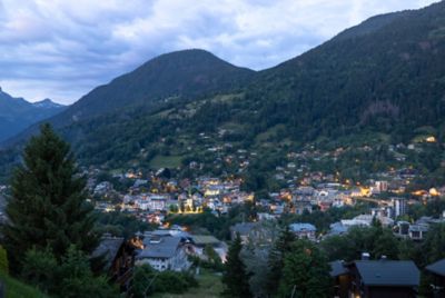 Saint-Gervais-les-Bains, known for its thermal baths, in a lush mountain valley