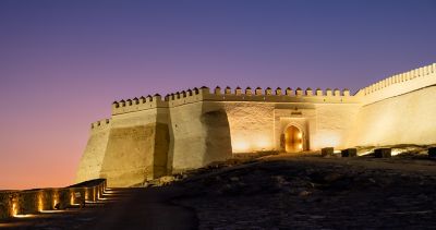 Fortified outer walls of Oufella Kasbah in Agadir, Morocco at sunset