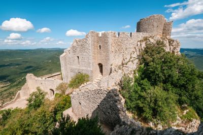 The stone ruins of a keep at hilltop Peyrepertuse Castle in France