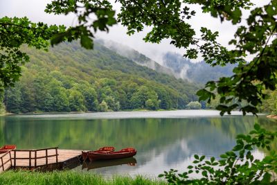 Tranquil Biogradsko Lake in Biogradska Gora National Park, with a wooden jetty and forested hills