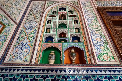 A colourful, intricately carved wall at the Museum of Applied Arts in Tashkent