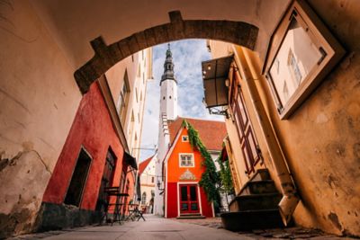 The soaring white tower of the Holy Spirit Church in Tallinn Old Town